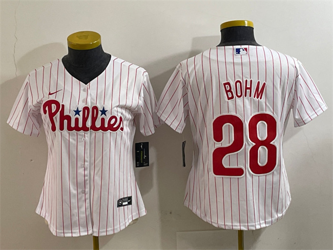 Women's Philadelphia Phillies #28 Alec Bohm White Stitched Baseball Jersey(Run Small) Women's Philadelphia Phillies #28 Alec Bohm White Stitched Baseball Jersey(Run Small)